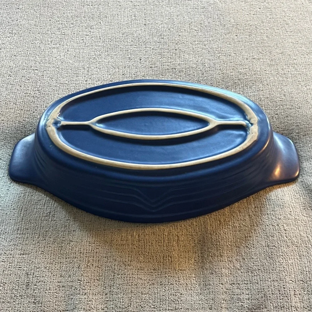 Vintage Cobalt Blue Cream Oval Stoneware Au Gratin Baking Dish Ceramic 13.5 Inch